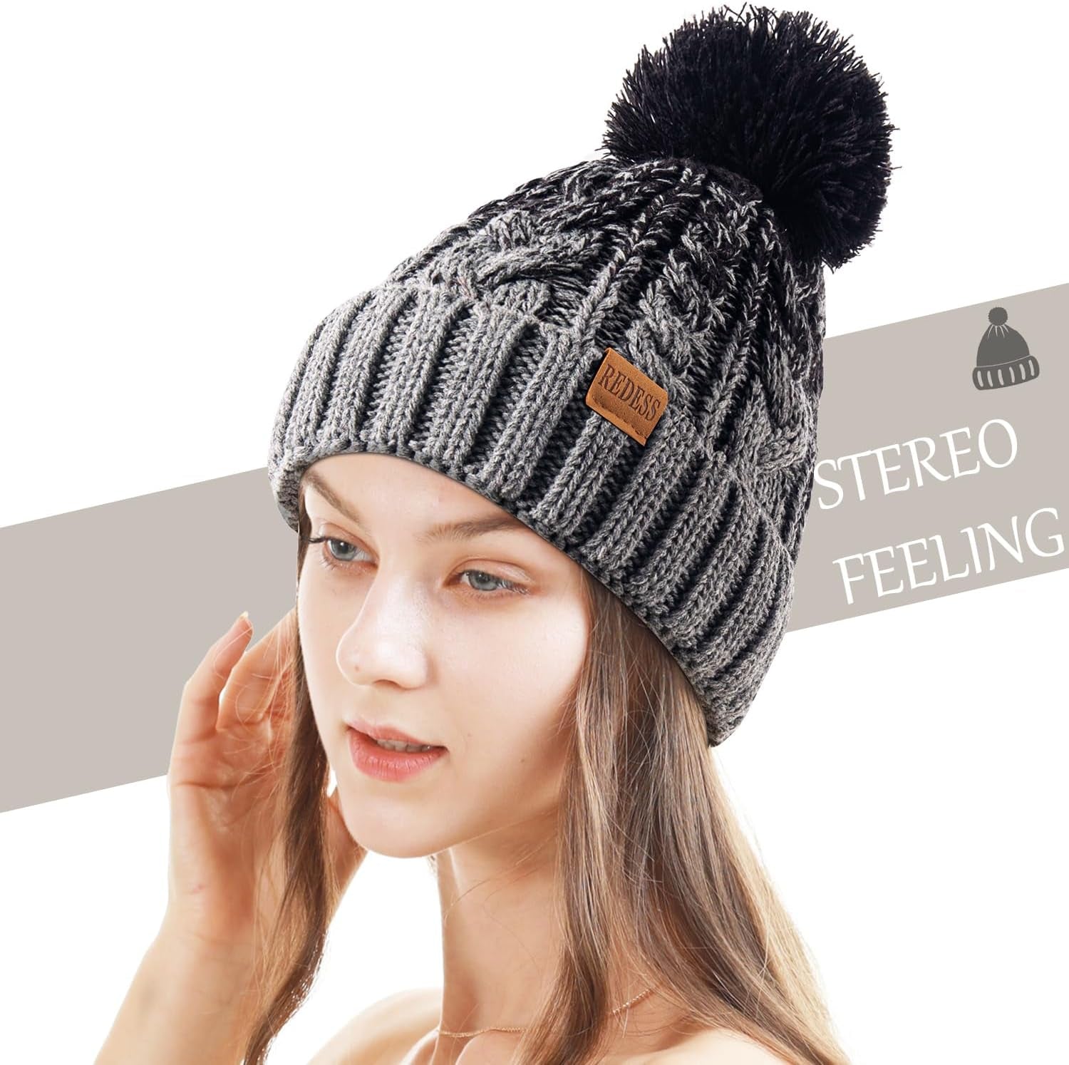Women Winter Pompom Beanie Hat with Warm Fleece Lined, Thick Slouchy Snow Knit Skull Ski Cap