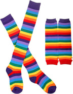 Womens Rainbow Socks Striped Knee High Socks Arm Warmer Fingerless Gloves Set