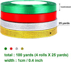 4 Rolls 100 Yards Christmas Ribbons Metallic Glitter Fabric Holiday Festival Satin Ribbons 10Mm Wide for Gift Wrapping Decoration