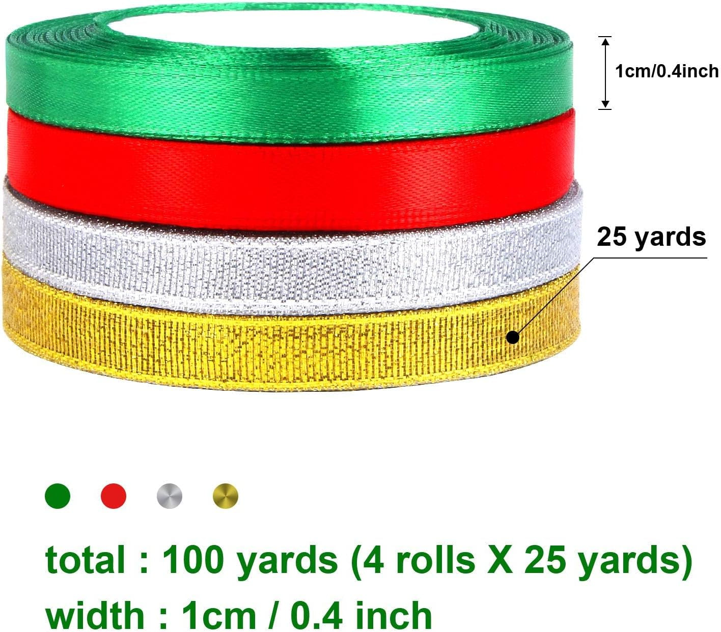 4 Rolls 100 Yards Christmas Ribbons Metallic Glitter Fabric Holiday Festival Satin Ribbons 10Mm Wide for Gift Wrapping Decoration
