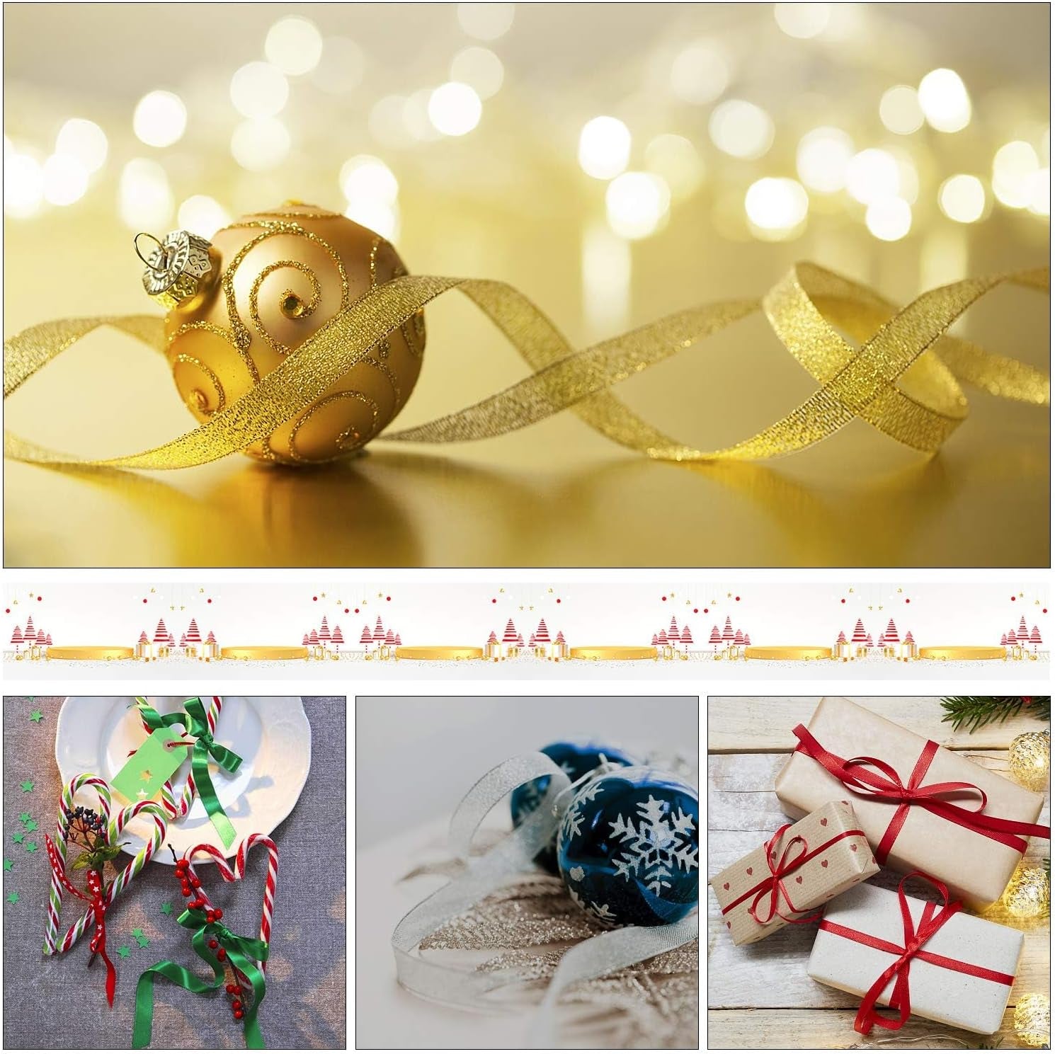 4 Rolls 100 Yards Christmas Ribbons Metallic Glitter Fabric Holiday Festival Satin Ribbons 10Mm Wide for Gift Wrapping Decoration