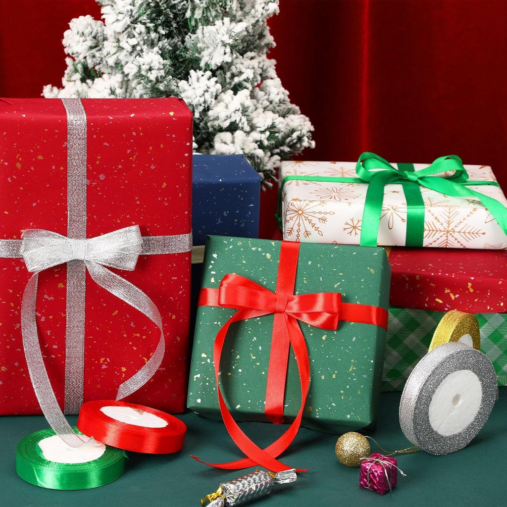 4 Rolls 100 Yards Christmas Ribbons Metallic Glitter Fabric Holiday Festival Satin Ribbons 10Mm Wide for Gift Wrapping Decoration