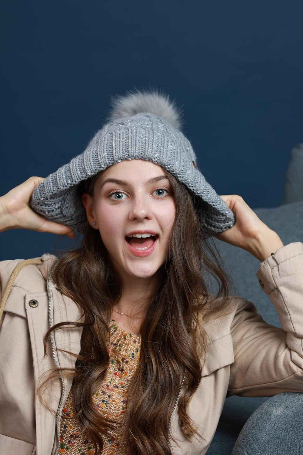 Women Winter Pompom Beanie Hat with Warm Fleece Lined, Thick Slouchy Snow Knit Skull Ski Cap